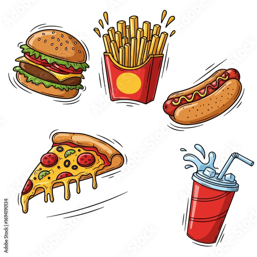Collection of colorful hand-drawn fast food illustrations, including a burger, fries, hot dog, pizza slice, and soda drink