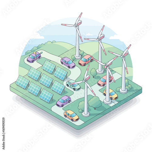 Conceptual isometric landscape showcasing a sustainable future with renewable wind and solar energy powering electric vehicle transportation