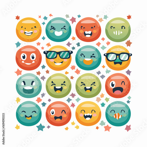 A vibrant collection of cute cartoon smiley faces and emoticons expressing a wide range of positive emotions and moods as graphic icons