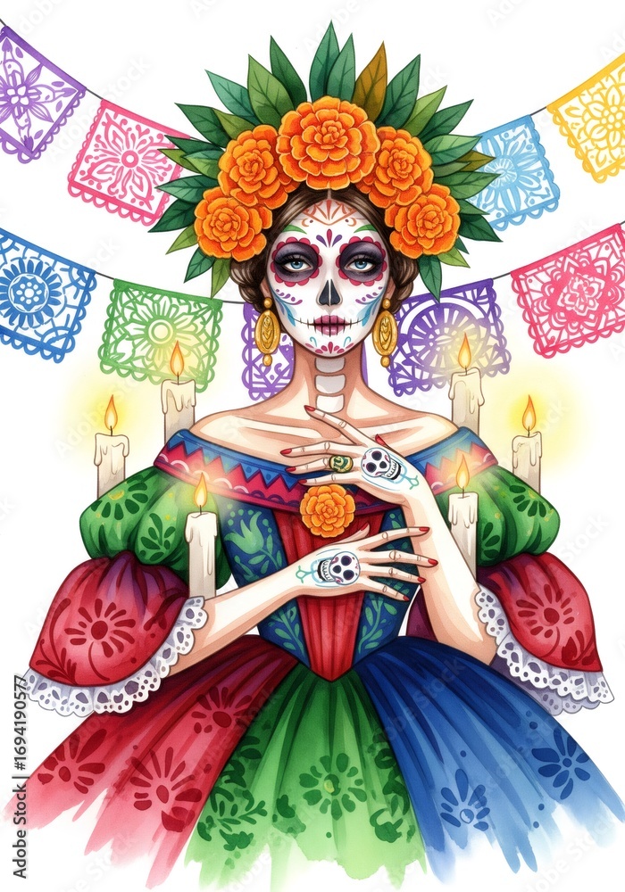 Fototapeta premium Catrina holding marigold flowers wearing traditional dress celebrating dia de muertos