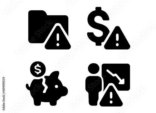 Financial warning icons showing alerts for budget, investment, and savings issues in a simplistic design