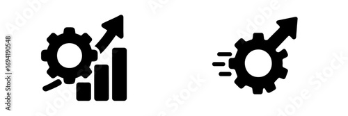 Icons representing growth and progress in business and technology with gears and upward trends illustrating development
