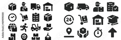 Collection of logistics and shipping icons depicting various activities related to delivery and package handling