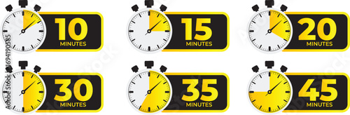 Time Duration Labels with Stopwatch Icons, Countdown Timer Stickers for 10, 15, 20, 30, 35, and 45 Minutes