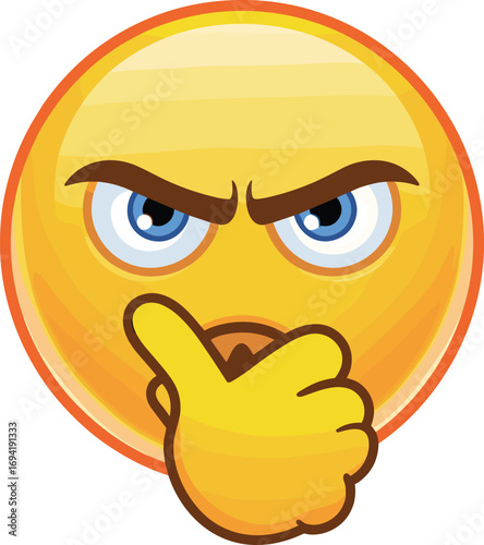 Angry emoji face with serious expression, blue eyes looking forward, yellow hand on mouth, digital emoticon, isolated white background