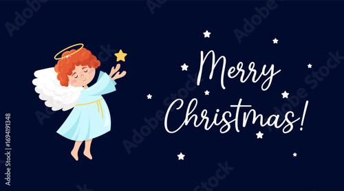 Cute little angels with wings and nimbus in flat style. Christmas banner or greeting poster on dark background. Christmas card.