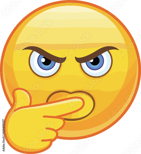 Angry thinking emoji face with blue eyes, hand on mouth, serious expression, digital illustration, emoticon, frustration, isolated white background