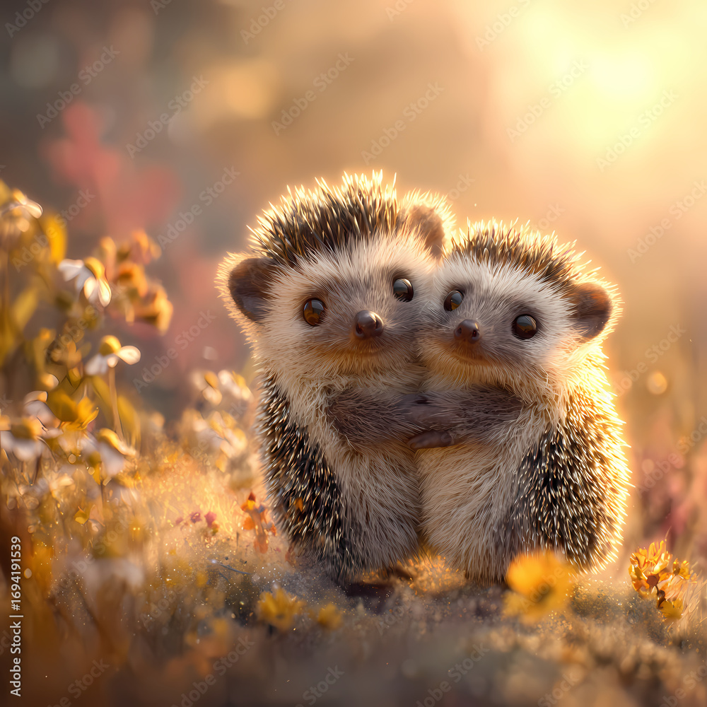 Fototapeta premium Two hedgehogs cuddle together in a flower-filled meadow at sunset Generative AI