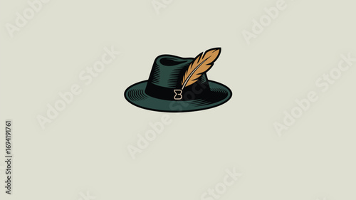A green hat with a feather sticking out of it on a plain background in a simple cartoon style