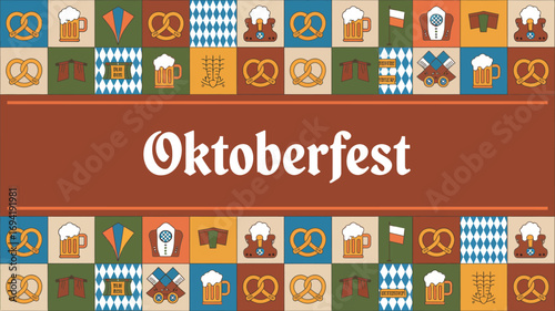 Oktoberfest themed background with beer pretzels and german symbols in a colorful pattern design