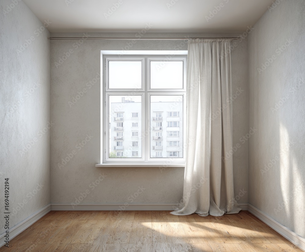 Fototapeta premium An empty room with a large window, light-colored walls and flooring, and sheer white curtains, bathed in natural light.