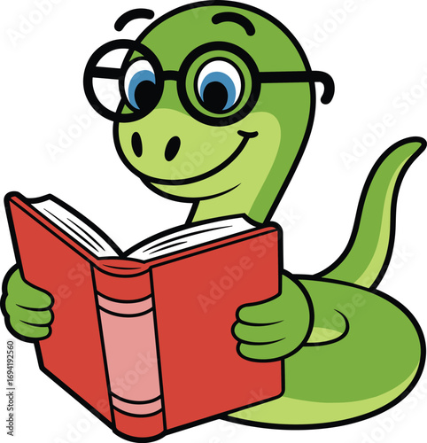 Cartoon green bookworm reading a red book, cute intelligent snake with glasses, educational character for learning, study, library, school, kids