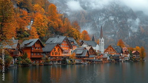 Hallstatt Austria Autumn Village Lake Europe Travel Background Concept
