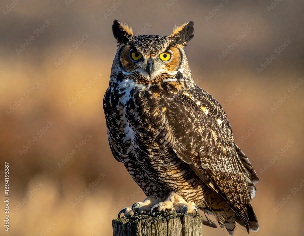 Obraz premium Great Horned Owl Perched on a Wooden Post in Natural Habitat