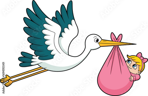 Cute cartoon stork carrying baby girl in pink cloth, newborn delivery concept, flying bird, childbirth symbol, white background vector