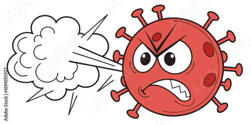 Red cartoon virus character with angry expression and white cloud emanating from its mouth illustrated