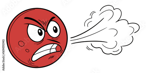 A red cartoon face with an angry expression and steam coming from its mouth on a white background