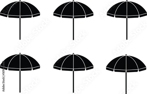 Beach umbrella silhouette vector, summer parasol design, outdoor sun shade icon, vacation holiday graphic, black isolated illustration, sun protection symbol