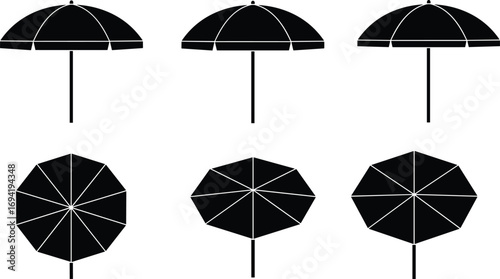 Beach umbrella vector illustration, top and side view, summer parasol silhouette, outdoor shade icon, sun protection design, holiday vacation graphic