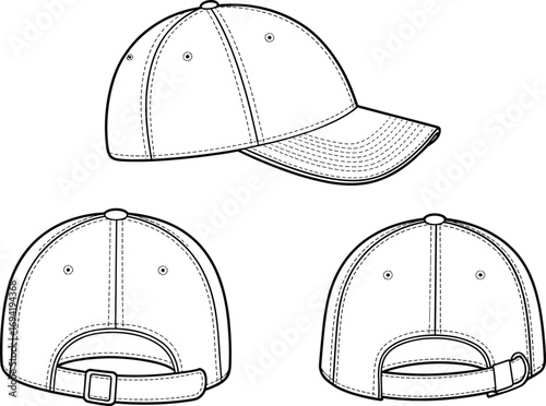 Baseball cap vector template, front back side view, adjustable strap, hat design outline, sports fashion accessory, headwear illustration graphic