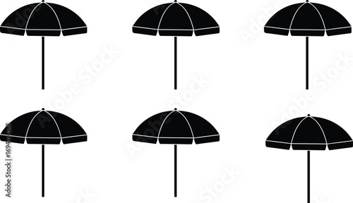 Beach umbrella vector silhouette, outdoor shade parasol, summer sun protection icon, black isolated graphic design, vacation symbol, holiday accessory illustration