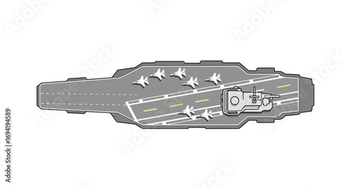 Aerial view of an aircraft carrier on a white background displaying detailed fighter jets and catapult system evoking power and tactical strength