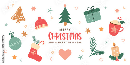 cute christmas greeting card with decoration winter elements isolated vector illustration