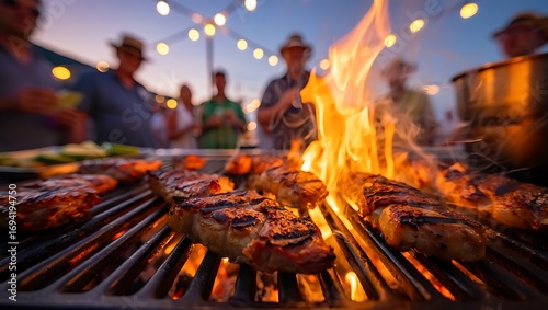 Close up of delicious food cooking on a barbecue grill with people in the background