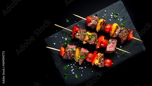 Delicious beef and vegetable skewers grilled to perfection on a dark slate surface