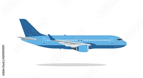 Blue airplane illustration with shadow, vector format for graphic projects and designs showcasing air travel and transportation industry
