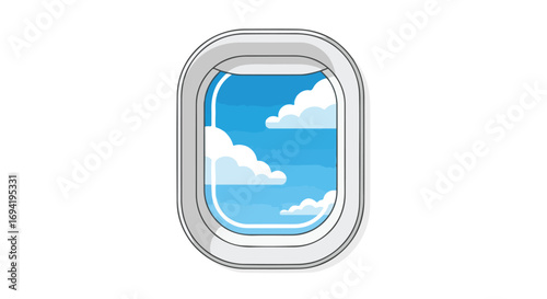 Whimsical airplane window illustration with serene sky and fluffy clouds creating a sense of travel and flight anticipation