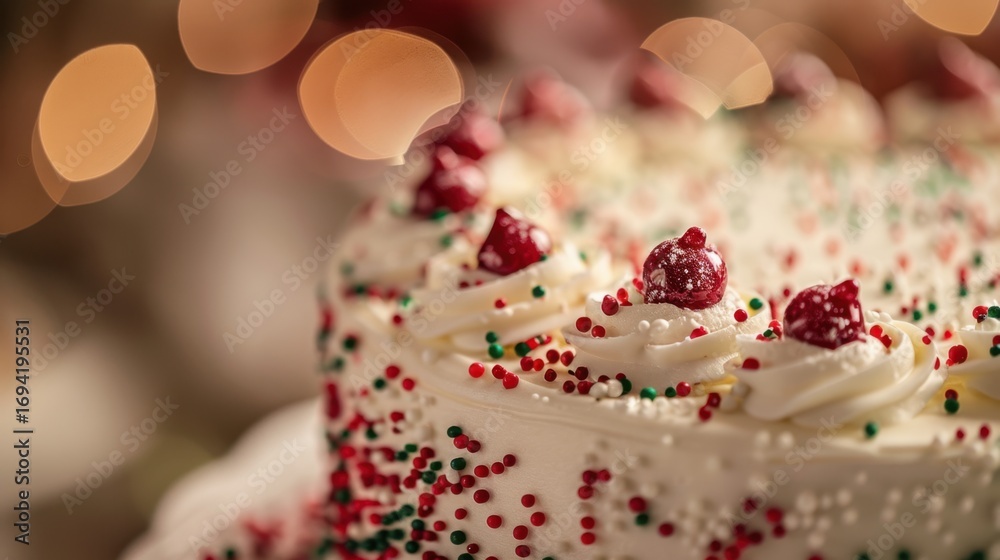 Fototapeta premium Festive Holiday Cake with Red Berries and Colorful Sprinkles