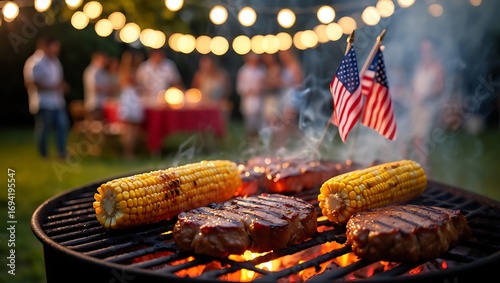 Steak and corn on the grill with american flags and string lights at a backyard party