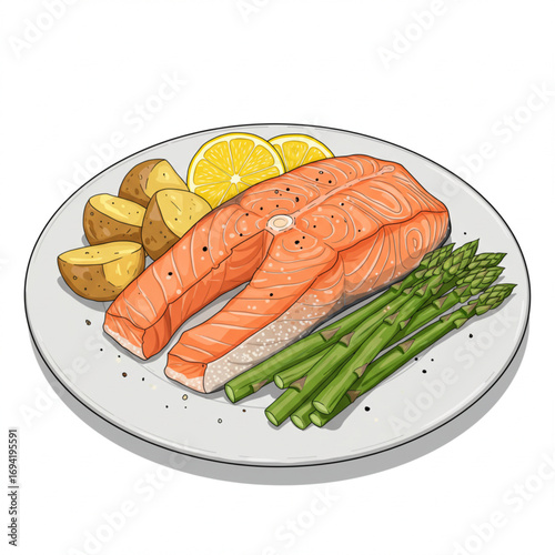 Delicious Grilled Salmon with Asparagus, Potatoes, and Lemon on a Plate