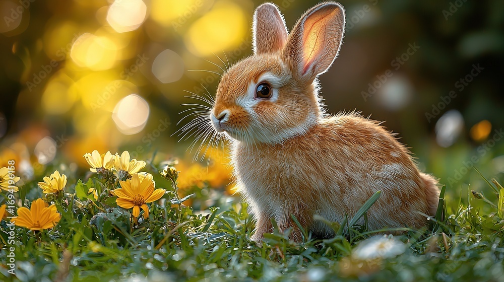 Fototapeta premium Cute Little Bunny Grass Water Flower Sunny Meadow Easter Celebration Adorable Animal Concept 