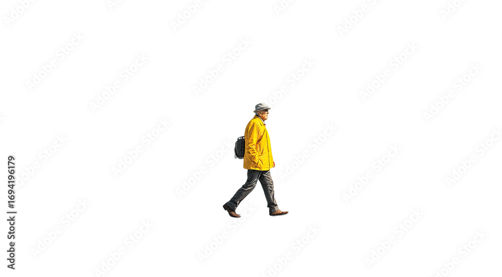 Fototapeta premium Realistic image of a person in yellow jacket walking isolated on black