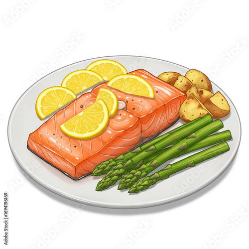 Delicious Grilled Salmon Fillet with Lemon Asparagus and Potatoes on Plate