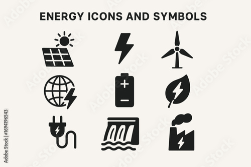 Energy Icons Set – Solar Panel, Wind Turbine, Battery, Electricity, Hydropower and Eco Power Symbols