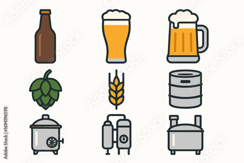 Beer Brewing Icons Set – Hops, Wheat, Brewery Equipment, Beer Glass and Bottle