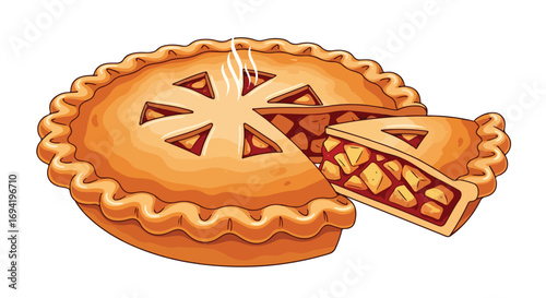 Illustration of a freshly baked apple pie with a slice removed showing steaming filling and delicate crust detailing