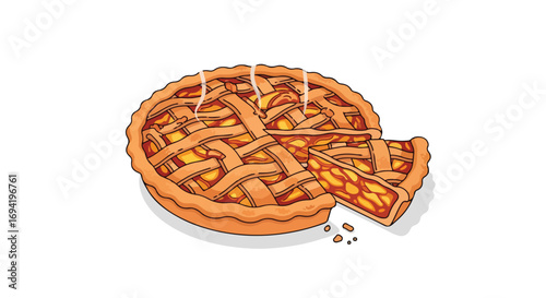 A steaming, delicious pie with a lattice crust and a freshly cut slice,isolated on a plain white surface, perfect for warm illustration