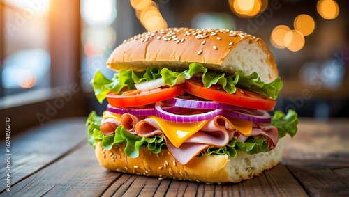 Delicious stacked sandwich with fresh ingredients on a wooden table with bokeh background