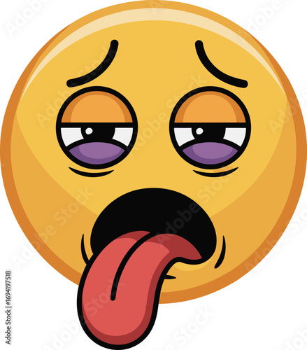 Tired emoji face with tongue out, sleepy cartoon emoticon, exhaustion expression, fatigue symbol, worn out mood, white background