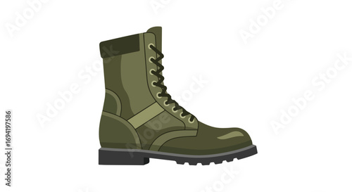 Stylized olive drab combat boot illustration showcasing durability and support for outdoor activities and military applications demonstrating