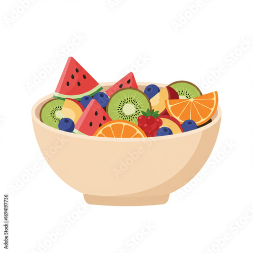 Fresh Fruit Salad Bowl Illustration Colorful Watermelon Kiwi Orange Berries Healthy Food