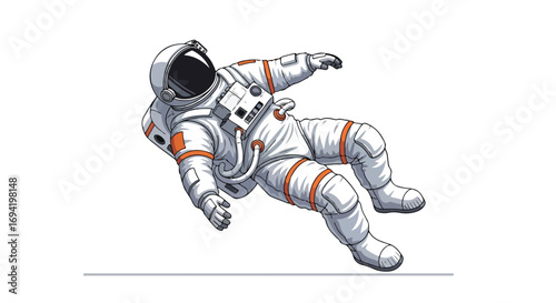 Isolated astronaut floating in space, wearing a pristine white suit with orange accents, showcasing exploration and adventure outside earth orbit