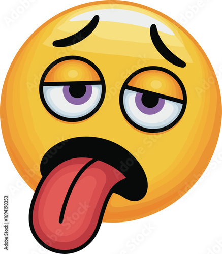 Tired emoji with tongue out, exhausted face expression, cartoon emoticon, fatigue symbol, sleepy eyes, overworked feeling, white background