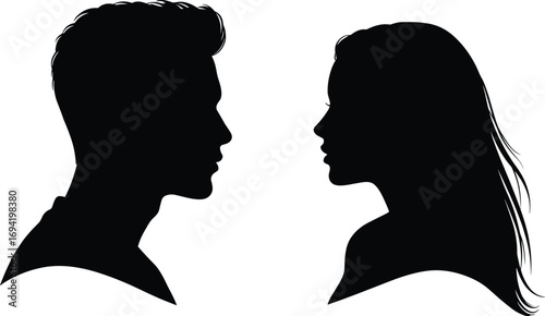 Silhouette of man and woman facing each other, romantic couple profile, people side view, love relationship concept, vector illustration