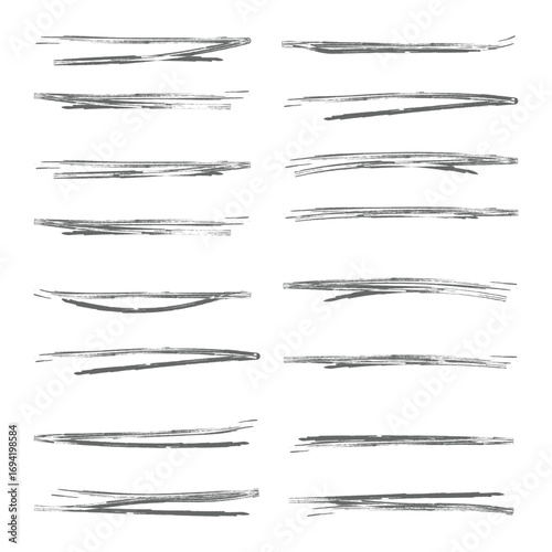 Black grunge brush stoke line set. Hand drawn crayon underline and highlighter collection. Wet or dry pastel pencil doodle and scribble bundle. Vector rough chalk charcoal sketch scrawls and squiggles