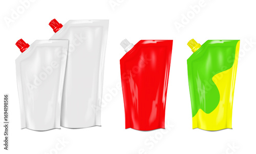 Spouted stand-up pouch. Realistic 3d vector mockup. White and color design. Easy editable. Nozzle standup plastic bag with screw cap. Mock-up. Liquid food reclosable packaging. Template